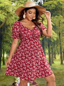 SHEIN VCAY 大碼碎花前打結連衣裙 - 紅色 - 查看 3