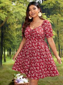 SHEIN VCAY 大碼碎花前打結連衣裙 - 紅色 - 查看 4