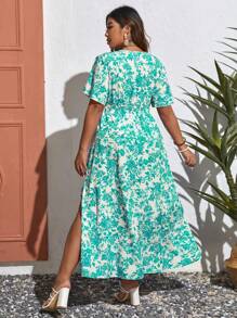 SHEIN VCAY Plus Allover Floral Print Split Thigh Dress - Multicolor - View 2