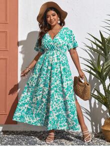 SHEIN VCAY Plus Allover Floral Print Split Thigh Dress - Multicolor - View 4