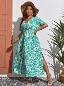 SHEIN VCAY Plus Allover Floral Print Split Thigh Dress - Multicolor - View 5