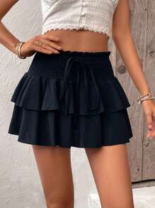 Breezaya 紙袋腰前繫帶雙層下擺半身裙 - 黑色 - 查看 4