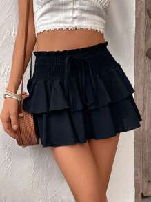 Breezaya 紙袋腰前繫帶雙層下擺半身裙 - 黑色 - 查看 5