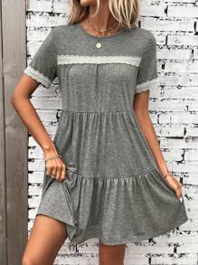 SHEIN LUNE Contrast Lace Ruffle Hem Smock Dress - Grey - View 3
