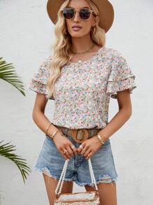 SHEIN Clasi Áo sơ mi nữ phân lớp Họa tiết hoa Boho - màu xanh lá - Xem 3