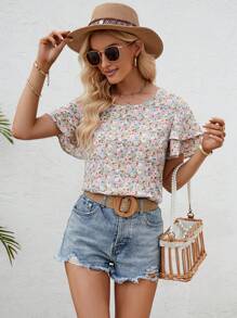 SHEIN Clasi Áo sơ mi nữ phân lớp Họa tiết hoa Boho - màu xanh lá - Xem 4