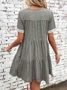 SHEIN LUNE Contrast Lace Ruffle Hem Smock Dress - Grey - View 2