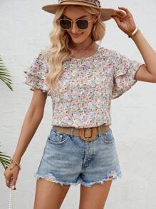 SHEIN Clasi Áo sơ mi nữ phân lớp Họa tiết hoa Boho - màu xanh lá - Xem 5
