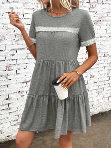 SHEIN LUNE Contrast Lace Ruffle Hem Smock Dress - Grey - View 4