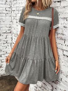 SHEIN LUNE Contrast Lace Ruffle Hem Smock Dress - Grey - View 5