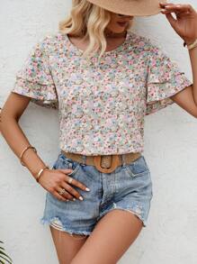 SHEIN Clasi Áo sơ mi nữ phân lớp Họa tiết hoa Boho - màu xanh lá - Xem 6