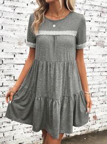 SHEIN LUNE Contrast Lace Ruffle Hem Smock Dress - Grey - View 6