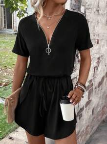 SHEIN LUNE Áo liền quần nữ Dây kéo Túi Nhẫn màu trơn Giải trí - màu đen - Xem 1