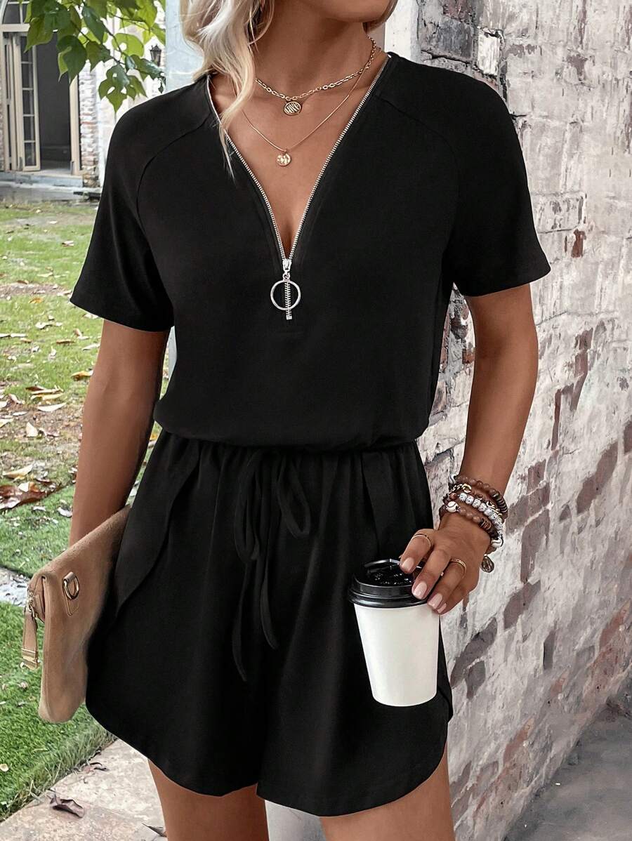 SHEIN LUNE Áo liền quần nữ Dây kéo Túi Nhẫn màu trơn Giải trí - màu đen - Xem 1