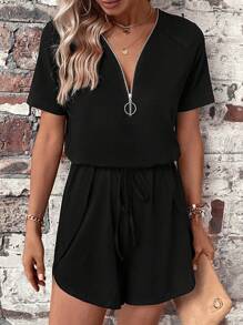 SHEIN LUNE Áo liền quần nữ Dây kéo Túi Nhẫn màu trơn Giải trí - màu đen - Xem 3