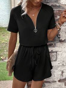 SHEIN LUNE Áo liền quần nữ Dây kéo Túi Nhẫn màu trơn Giải trí - màu đen - Xem 5