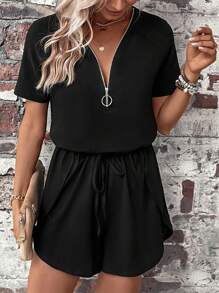 SHEIN LUNE Áo liền quần nữ Dây kéo Túi Nhẫn màu trơn Giải trí - màu đen - Xem 6