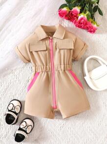 Baby Girl Summer Casual Zipper Front Overall Shorts With Flap Detail - Khaki - View 1