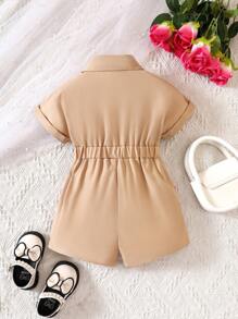 Baby Girl Summer Casual Zipper Front Overall Shorts With Flap Detail - Khaki - View 2