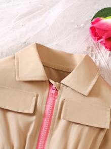 Baby Girl Summer Casual Zipper Front Overall Shorts With Flap Detail - Khaki - View 3