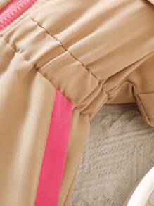 Baby Girl Summer Casual Zipper Front Overall Shorts With Flap Detail - Khaki - View 5