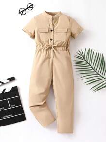 SHEIN Toddler Girls Flap Pocket Front Jumpsuit - Khaki - View 1