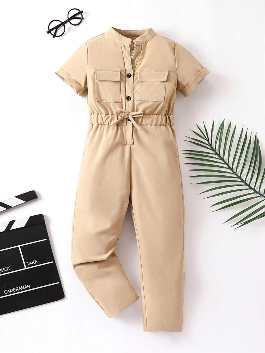 SHEIN Toddler Girls Flap Pocket Front Jumpsuit - Khaki - View 1