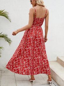 SHEIN VCAY Ditsy Floral Print Ruffle Trim Cami Dress - Red - View 2