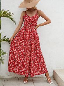 SHEIN VCAY Ditsy Floral Print Ruffle Trim Cami Dress - Red - View 3