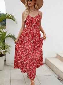 SHEIN VCAY Ditsy Floral Print Ruffle Trim Cami Dress - Red - View 4