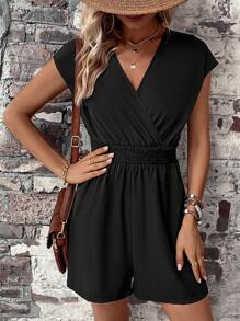 SHEIN LUNE 素色交疊領蝙蝠袖連身短褲 - 黑色 - 查看 1