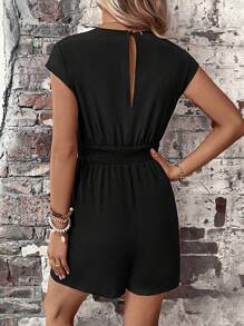 SHEIN LUNE 素色交疊領蝙蝠袖連身短褲 - 黑色 - 查看 2