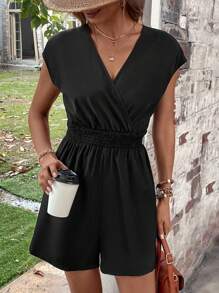 SHEIN LUNE 素色交疊領蝙蝠袖連身短褲 - 黑色 - 查看 4