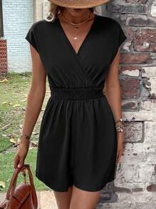 SHEIN LUNE 素色交疊領蝙蝠袖連身短褲 - 黑色 - 查看 6