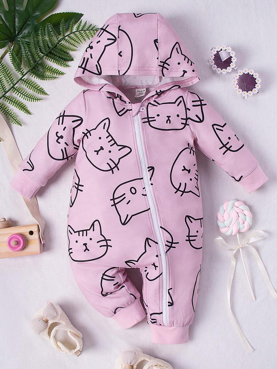 Áo liền quần Em bé Dây kéo Hoạt hình Tất cả trên in - Hồng - Xem 1