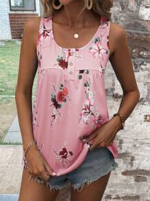 SHEIN LUNE Floral Print Half Button Tank Top - Baby Pink - View 1