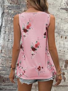 SHEIN LUNE Floral Print Half Button Tank Top - Baby Pink - View 2