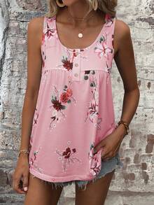 SHEIN LUNE Floral Print Half Button Tank Top - Baby Pink - View 3