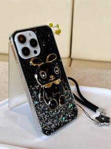 Ốp lưng điện thoại trong suốt long lanh với giá đỡ và dây buộc thiết kế hình thỏ - màu đen - Xem 1