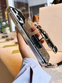 Ốp lưng điện thoại trong suốt long lanh với giá đỡ và dây buộc thiết kế hình thỏ - màu đen - Xem 2