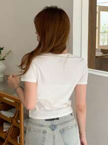 DAZY 条纹字母图案T恤，返校服装 - 白色 - 查看 8