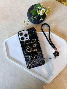 Ốp lưng điện thoại trong suốt long lanh với giá đỡ và dây buộc thiết kế hình thỏ - màu đen - Xem 4
