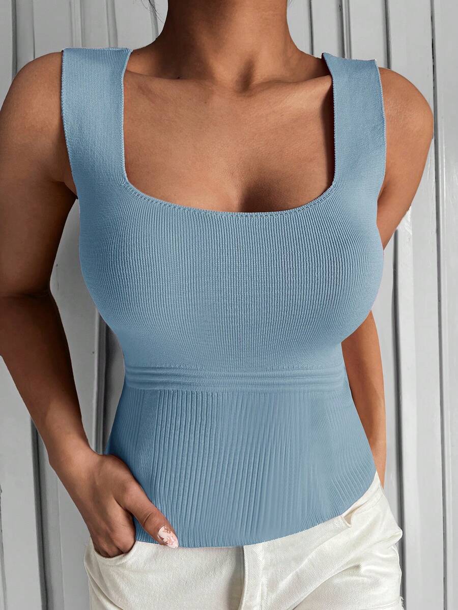 Solid Ribbed Knit Top - Blue - View 1