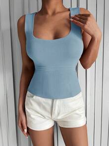 Solid Ribbed Knit Top - Blue - View 3