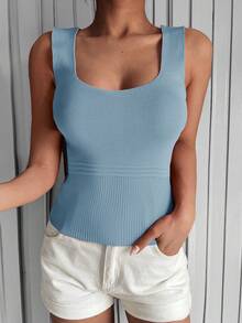 Solid Ribbed Knit Top - Blue - View 2