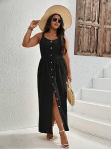 SHEIN VCAY Talla grande Vestido de tirantes con botón delantero - Negro - Ver 1