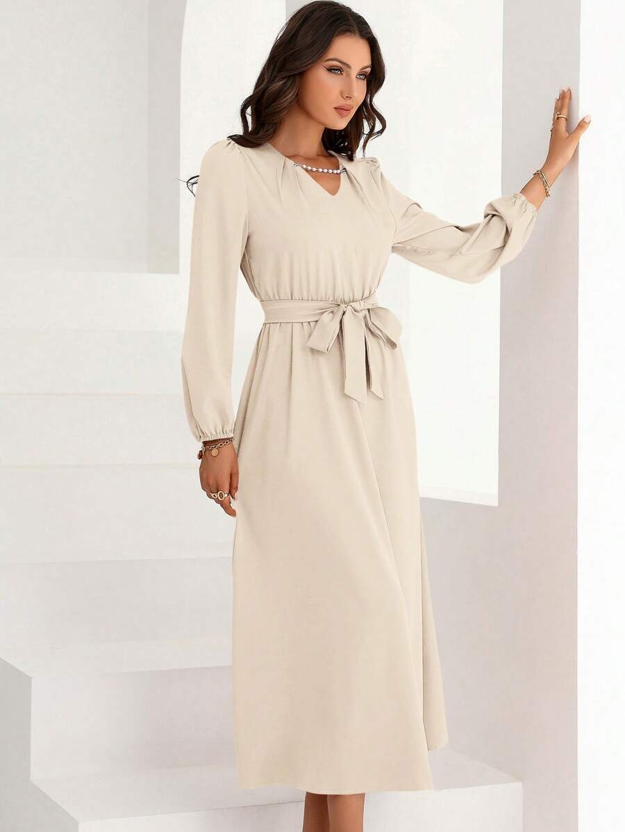 Modelyn Pearls Detail Belted Dress - Apricot - View 1