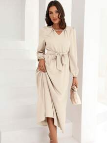 Modelyn Pearls Detail Belted Dress - Apricot - View 3