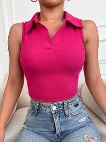 Solid Ribbed Knit Crop Tank Top - Hot Pink - View 5