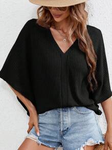 SHEIN Frenchy Waffle Knit Batwing Sleeve Tee Winter Black Casual Spring - Black - View 2
